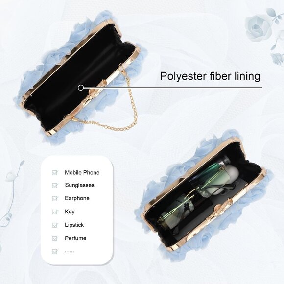 Blue Women's Mesh Lace Floral Clutch Purse Elegant Evening Bag with Chain - Picture 5 of 6